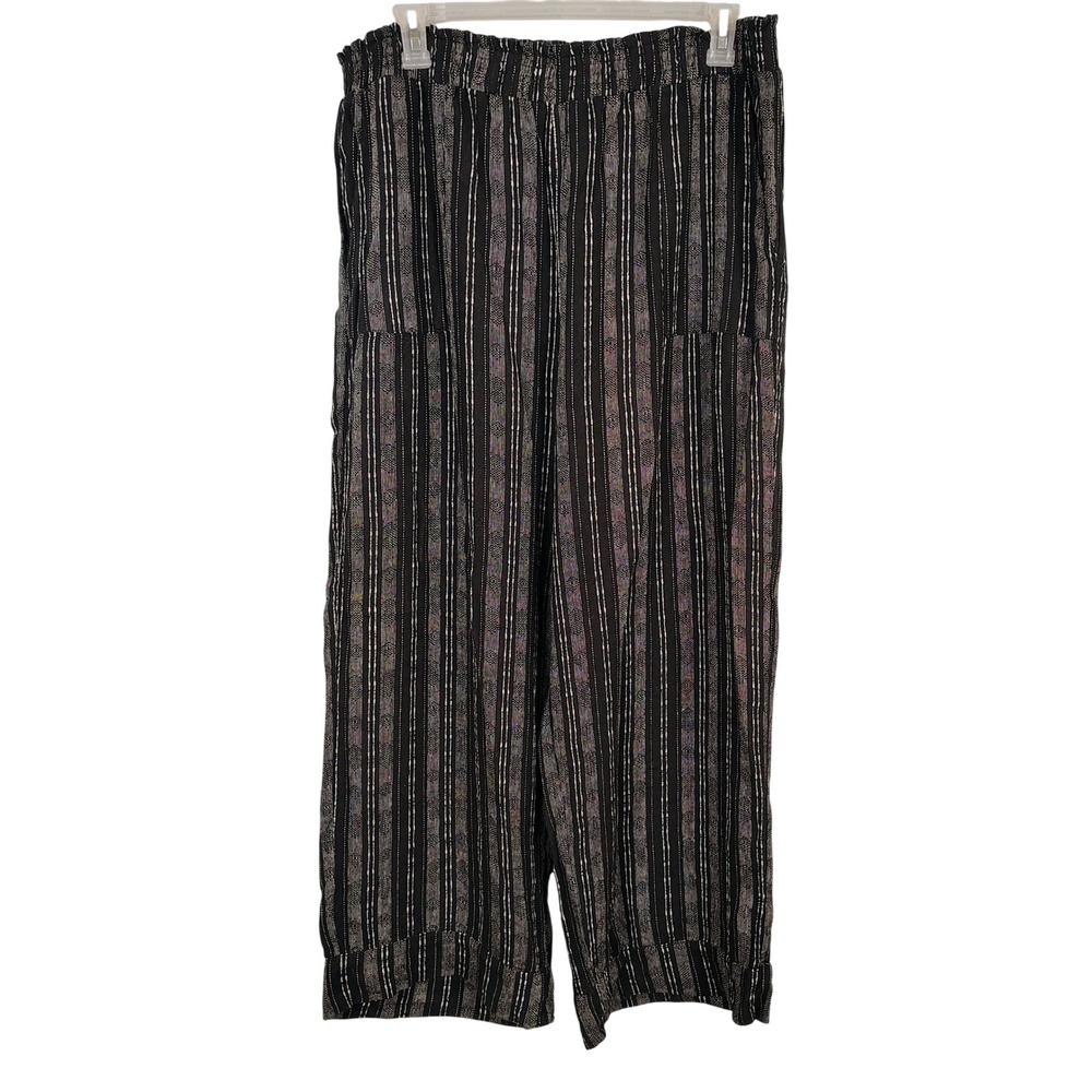 Womens XL Time and Tru Striped Wide Leg Linen Blend Pants Black White Boho